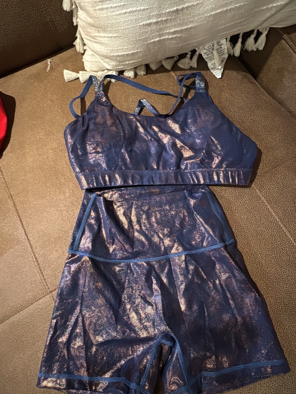 aerie Shimmery Navy Blue Sports Bra and Bike Shorts Set